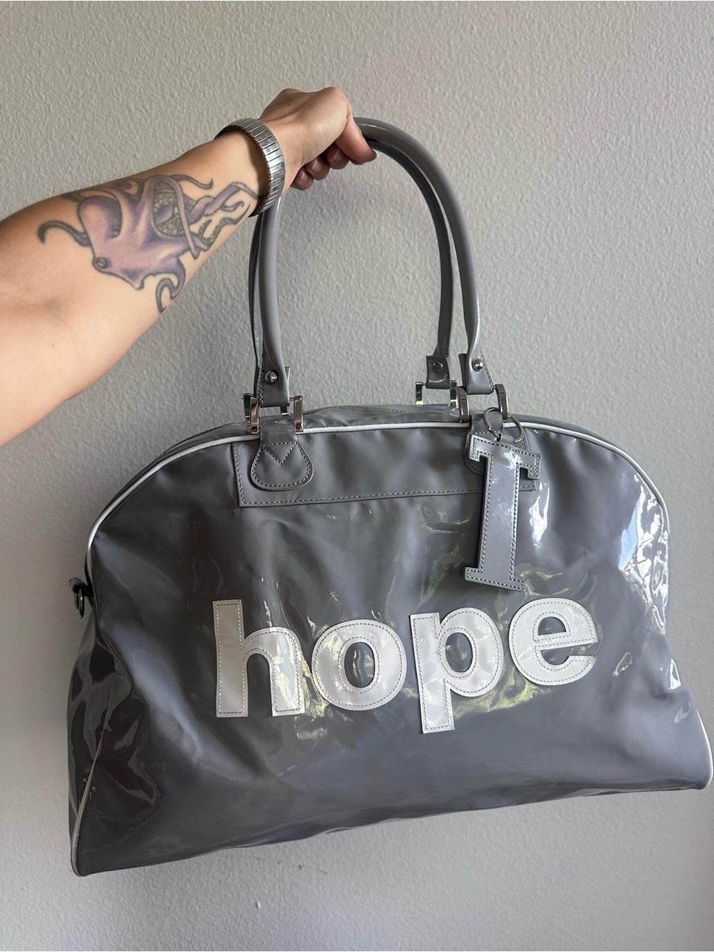 TRUMPETTE Hope Gray Large Bowling Satchel Tote Bag Y2K with charm